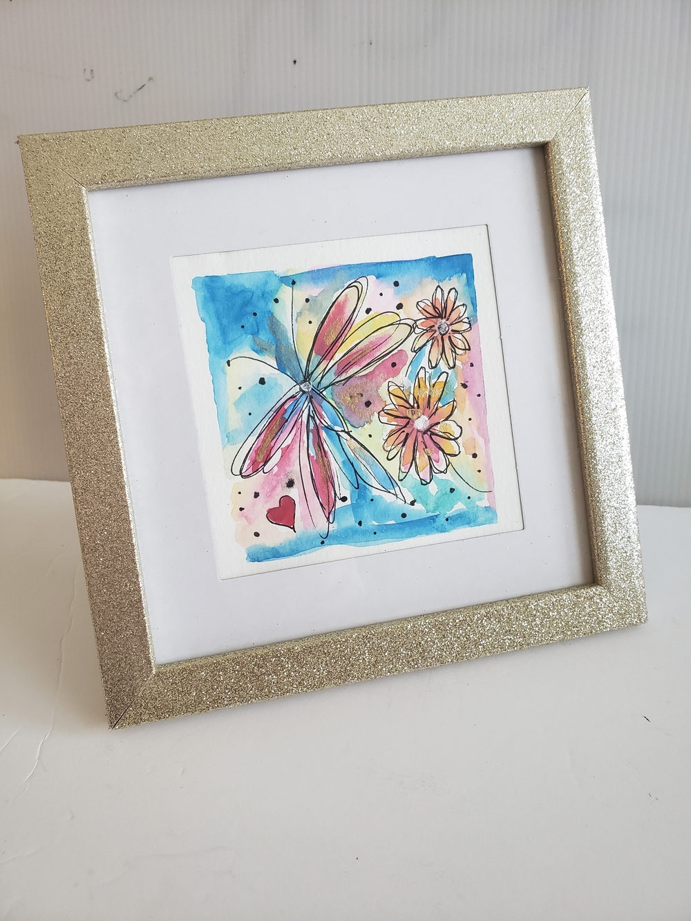 Original Watercolor Dragonfly & Flowers Wall Art in Sparkle Frame